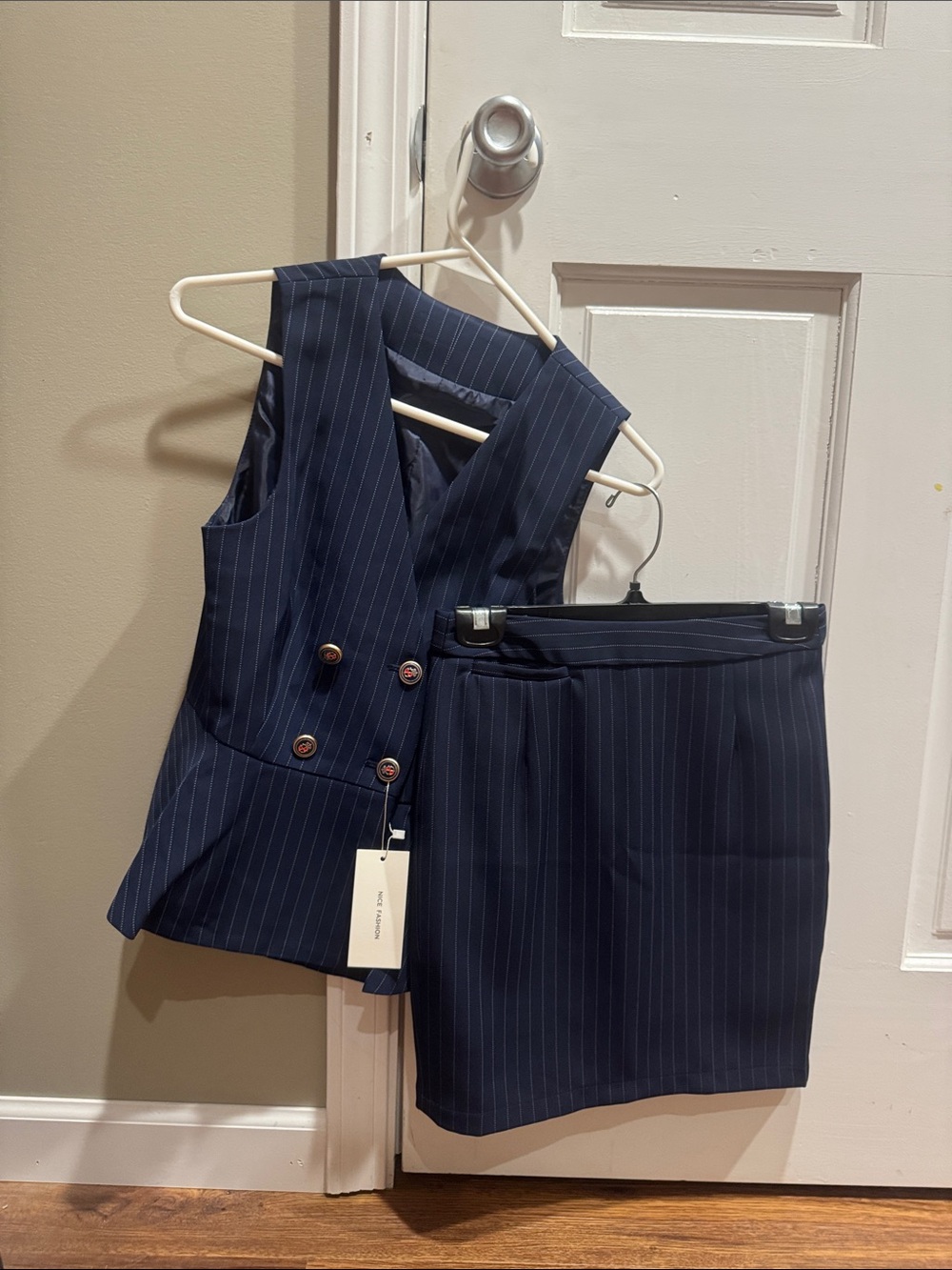 Women's Navy Pinstripe Double-Breasted Vest & Pencil Skirt Set